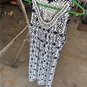 Navy and White Patterned Sleeveless Top with Silver Accents